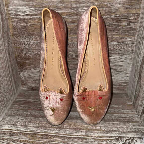 Charlotte Olympia Blush Pink Velvet Cat Kitty Loafer Flats - Picture 2 of 9